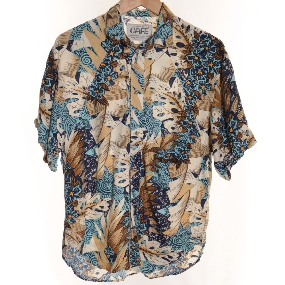 Vtg 80's Cafe Hawaiian Shirt Blue Brown Psychedelic Abstract Rayon Surf Sz M